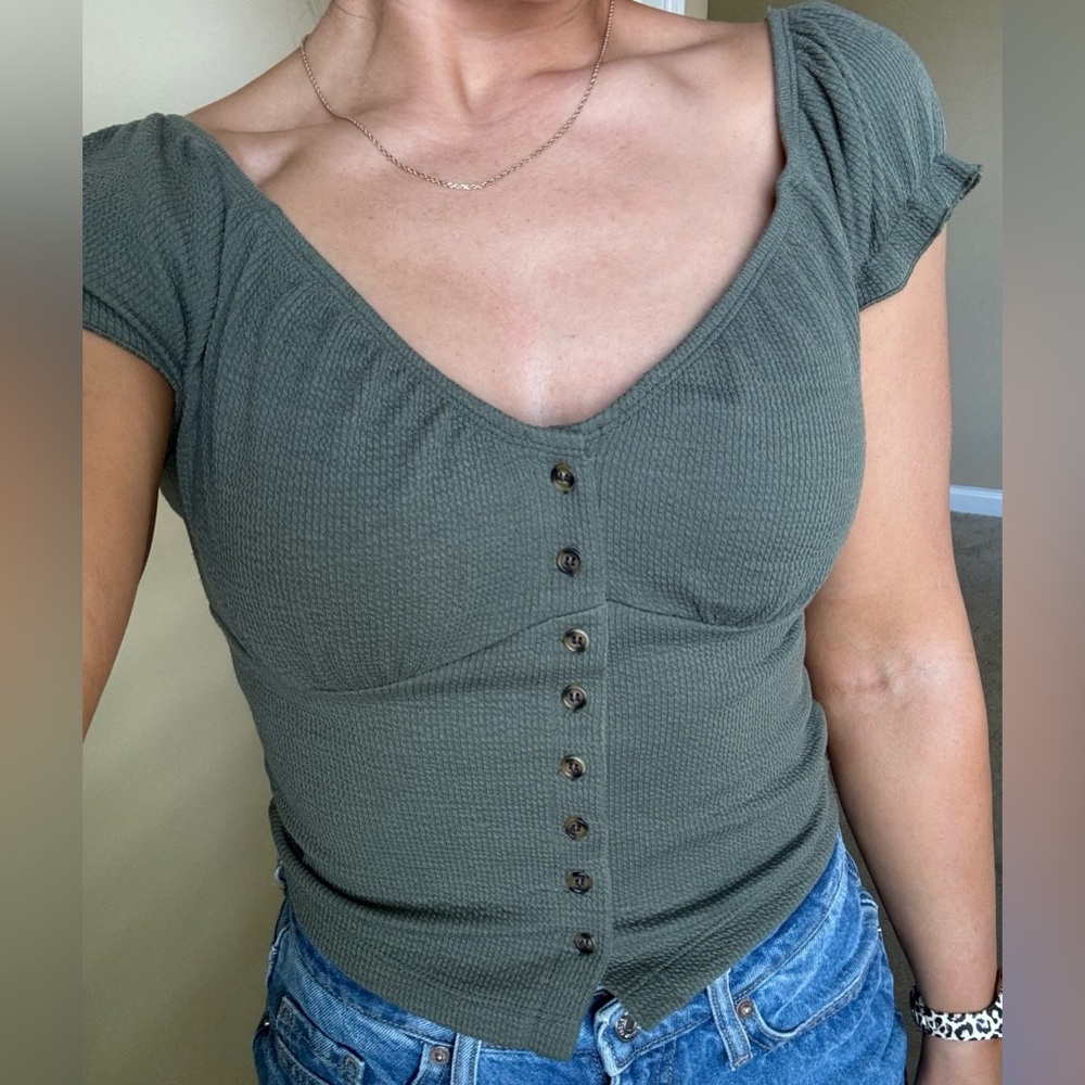 Olive green button down short sleeve top